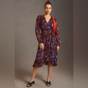 NWOT PAIGE Paulette Floral Silk Ruffle Wrap Midi Dress in Blue/Rust Multi sz XS